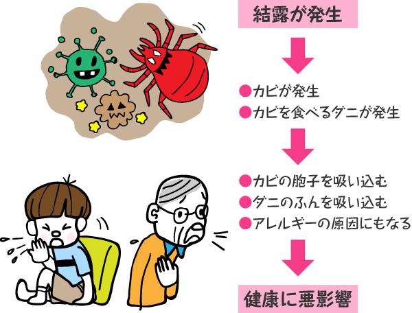 結露が発生→●カビが発生 ●カビを食べるダニが発生→●カビの胞子を吸い込む ●ダニのふんを吸い込む ●アレルギーの原因にもなる →健康に悪影響