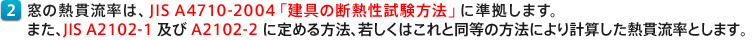 窓の熱貫流率の測定方法は、JIS A4710-2004 「建具の断熱性試験方法」に準拠します。また、JIS A2102-1 及び A2102-2 に定める方法、若しくはこれと同等の方法により計算した熱貫流率とします。