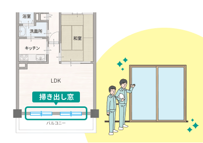 掃き出し窓だけの部分改修でも補助対象になるイメージ（間取り図と工事イメージ）