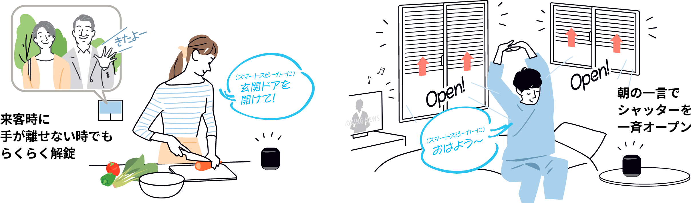 来客時に手が離せない時でもらくらく解錠 朝の一言でシャッターを一斉オープン