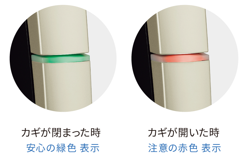 カギが閉まった時 安心の緑色表示 カギが開いた時 注意の赤色表示