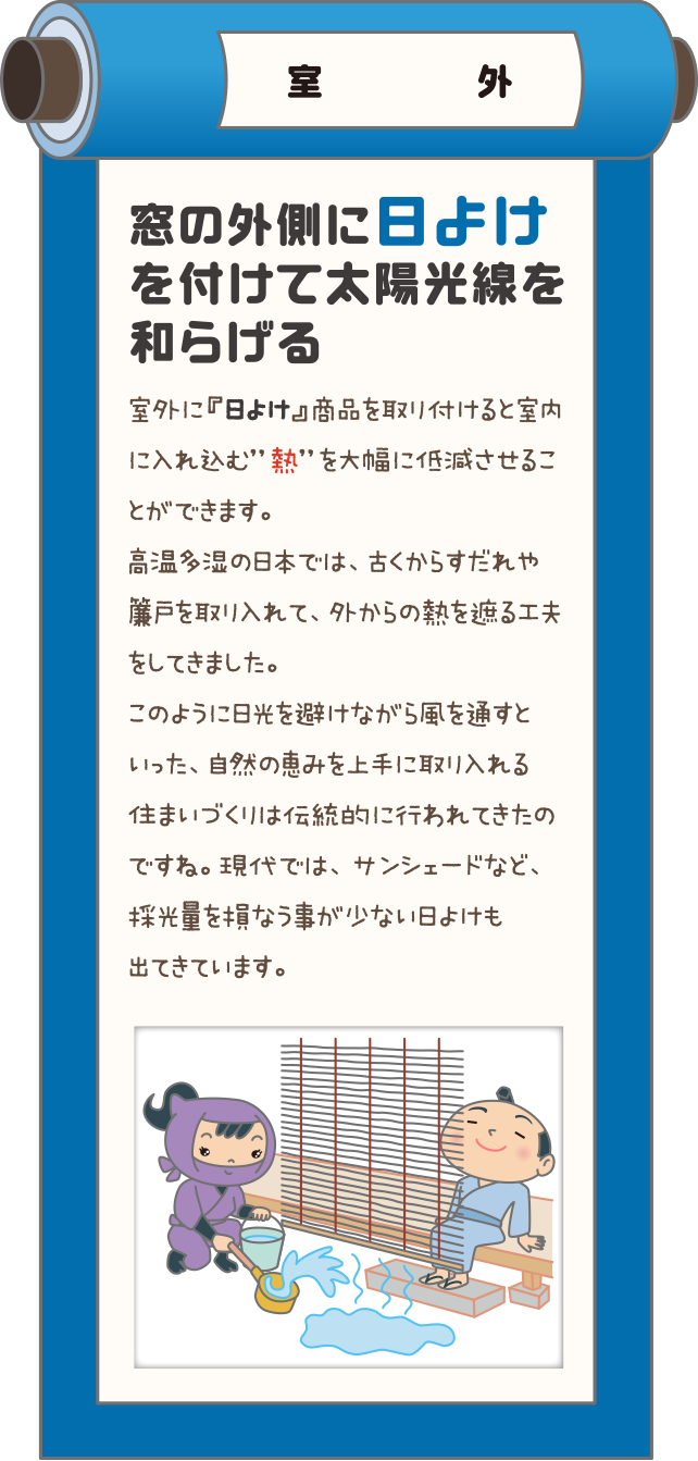 室外　窓の外側に日よけを付けて太陽光線を和らげる