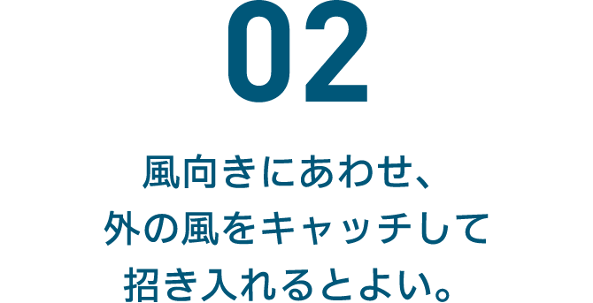 02 風向きにあわせ、 外の風をキャッチして招き入れるとよい。