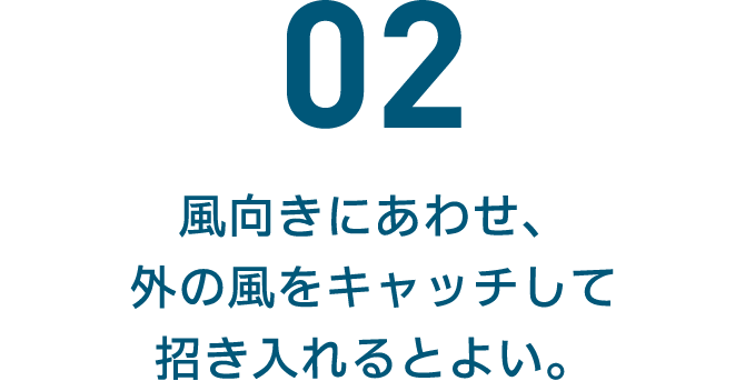 02 風向きにあわせ、 外の風をキャッチして招き入れるとよい。