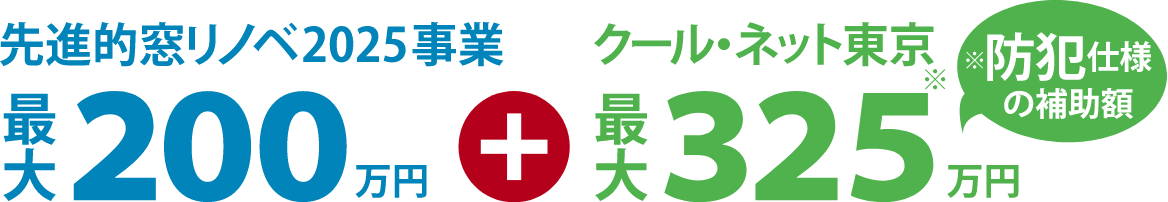 先進的窓リノベ2025事業最大200万円＋クール・ネット東京最大325万円（防犯仕様の補助額）