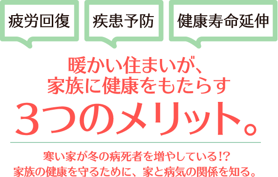 疲労回復、疾患予防、健康寿命延伸。暖かい住まいが、家族に健康をもたらす３つのメリット。寒い家が冬の病死者を増やしている!?家族の健康を守るために、家と病気の関係を知る。