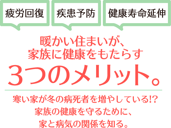 疲労回復、疾患予防、健康寿命延伸。暖かい住まいが、家族に健康をもたらす３つのメリット。寒い家が冬の病死者を増やしている!?家族の健康を守るために、家と病気の関係を知る。