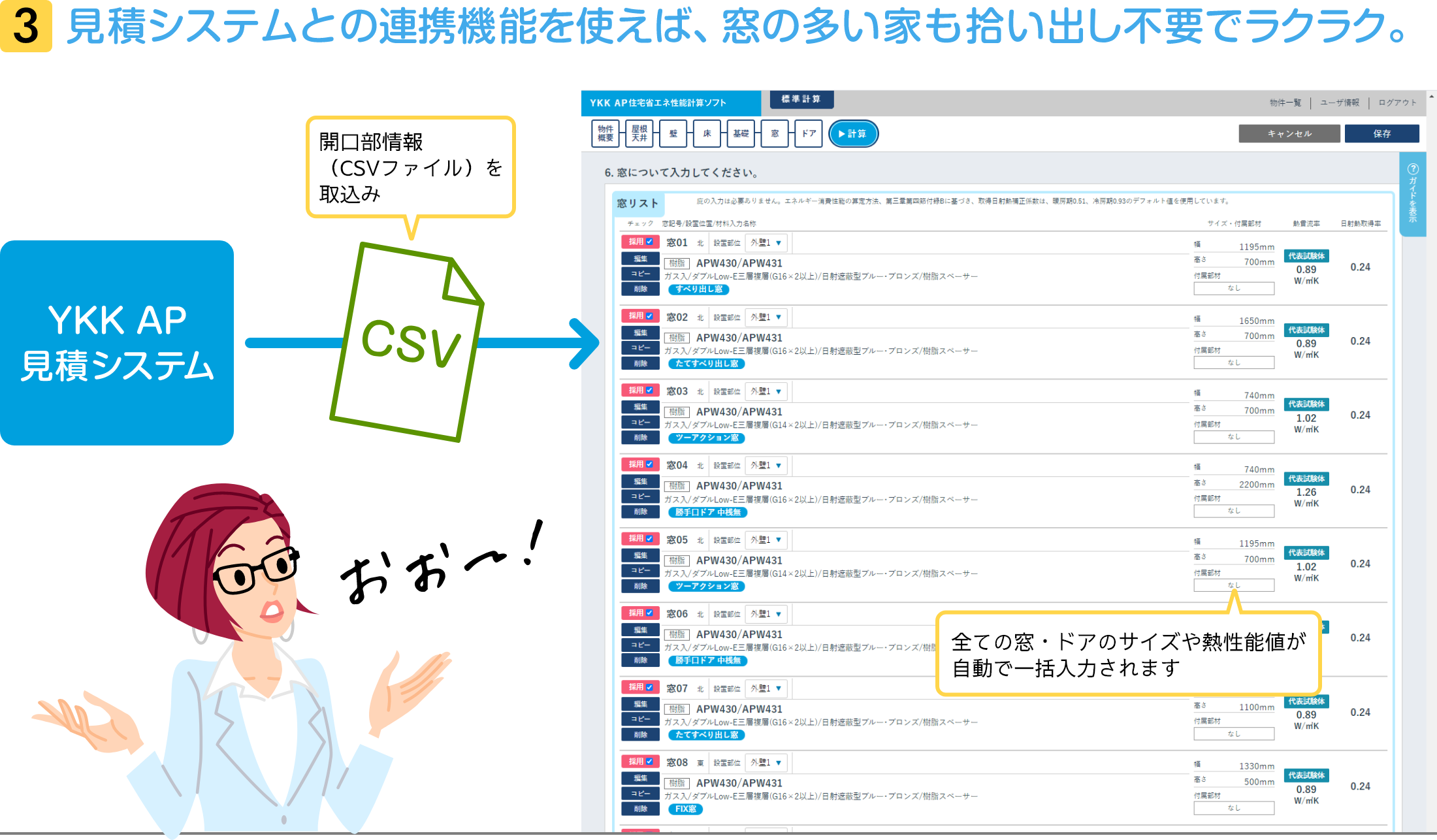 3 見積システムとの連携機能を使えば、窓の多い家も拾い出し不要でラクラク。YKK AP見積システムから開口部情報（CSVファイル）を取込み。全ての窓・ドアのサイズや熱性能値が自動で一括入力されます。
