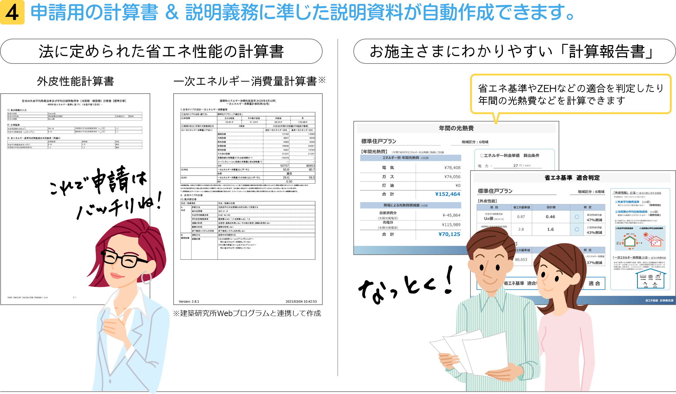 4 申請用の計算書＆説明義務に準じた説明資料が自動作成できます。法に定められた省エネ性能の計算書（外皮性能計算書、一次エネルギー消費量計算書 ※建築研究所Webプログラムと連携して作成　お施主さまに分かりやすい「計算報告書」省エネ基準やZEHなどの適合を判定したり年間の光熱費などを計算できます。