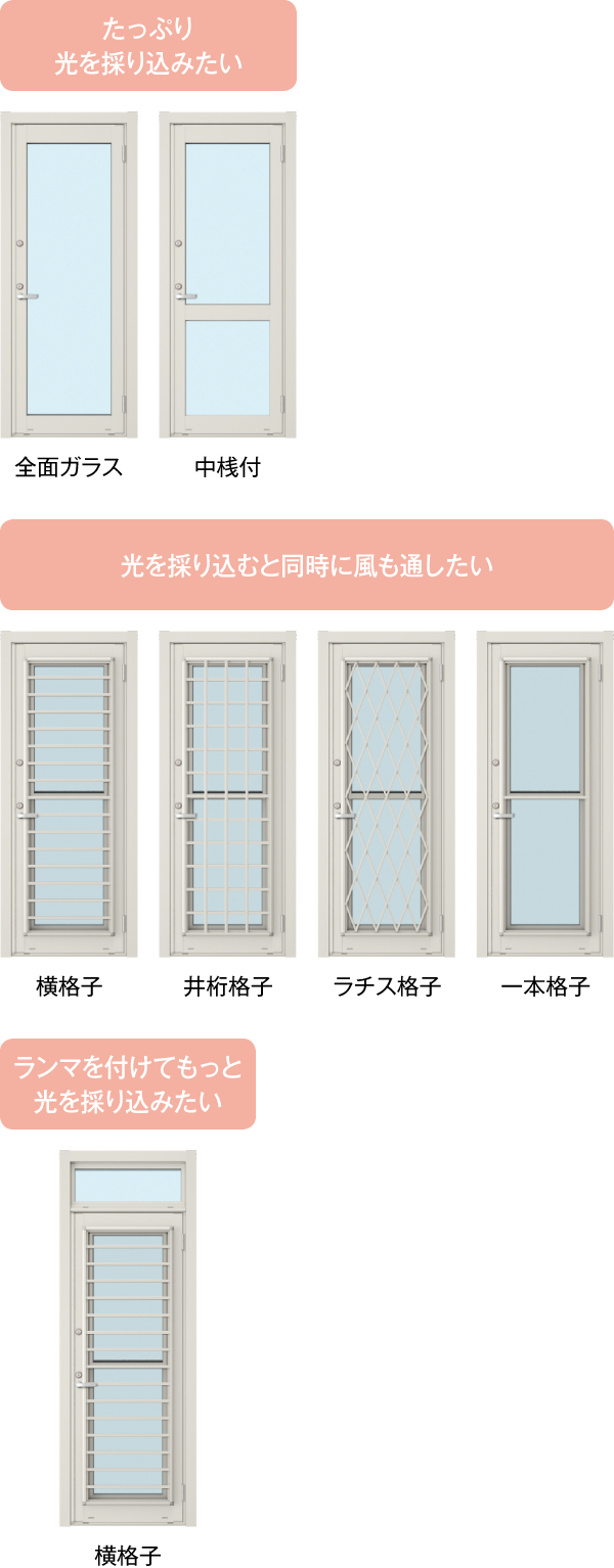 【たっぷり光を採り込みたい】全面ガラス 中桟付 【光を採り込むと同時に風も通したい】横格子 井桁格子 ラチス格子 一本格子 【ランマを付けてもっと光を採り込みたい】横格子