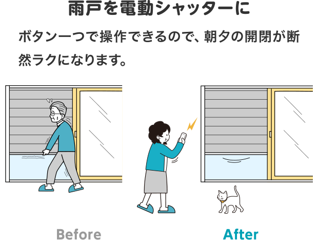 雨戸を電動シャッターに　ボタン一つで操作できるので、朝夕の開閉が断然ラクになります。