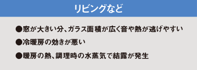 リビングなど ●窓が大きい分、ガラス面積が広く音や熱が逃げやすい ●冷暖房の効きが悪い ●暖房の熱、調理時の水蒸気で結露が発生