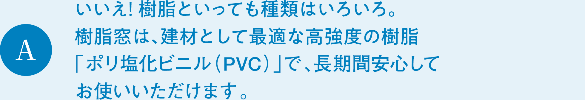 A　いいえ！樹脂といっても種類はいろいろ。樹脂窓は、建材として最適な高強度の樹脂「ポリ塩化ビニル（PVC）」で、長期間安心してお使いいただけます。