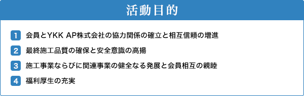 活動目的 1.会員とYKK AP株式会社の協力関係の確立と相互信頼の増進 2.最終施工品質の確保と安全意識の高揚 3.施工事業ならびに関連事業の健全なる発展と会員相互の親睦 4.福利厚生の充実